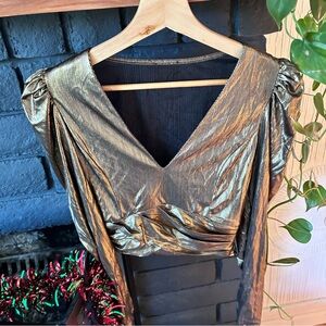 Sexy gold top deep v puff sleeves 80s old money VTG style stretch